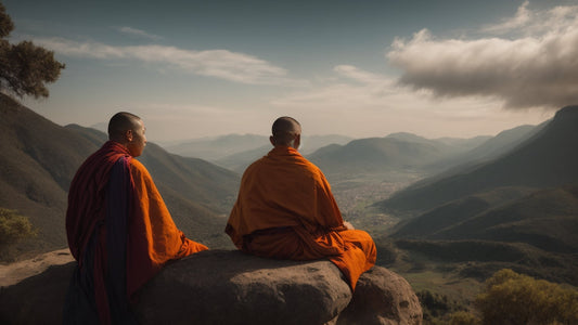 two monks sits overlooking a beautiful mountain view